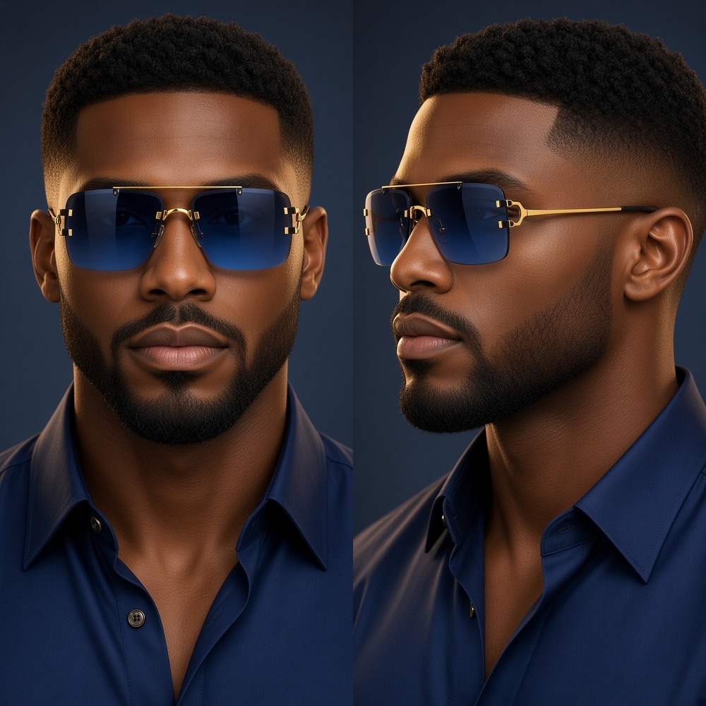 Mens Rimless Pilot Sunglasses Gold Metal Blue Gradient Square Lens Luxury Rapper